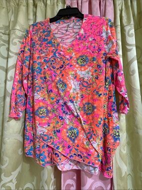 Lulu-B Bright Pink & Orange Floral V-Neck Tunic